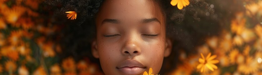 Peaceful Serenity A Young Woman Surrounded by Vibrant Yellow Flowers, Representing Youthful Joy and Tranquil Energy, Captured in a Moment of Blissful Relaxation