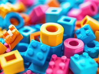 Colorful Plastic Building Blocks, Vibrant Fun and Playful Joy with Rich Textures, Close-up Macro Photography of Toy Bricks, Abstract Background Image of Colorful Shapes, Joyful Play Texture, Kids