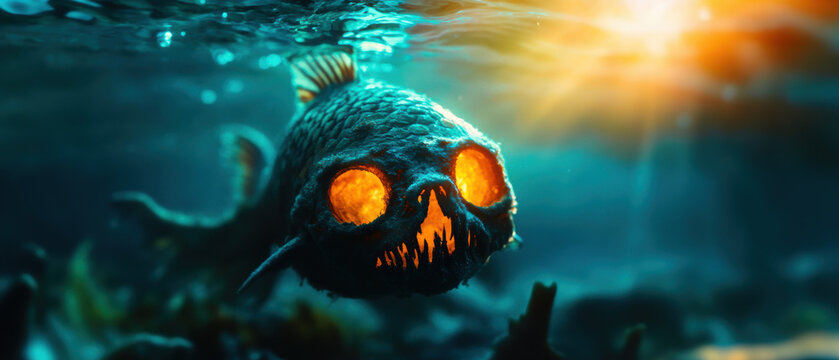 A fish with a skull on its face is swimming in the water