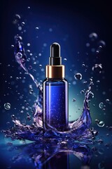 Bottle of moisturizing serum standing in the water waves on gradient blue and purple background. Skincare product, natural cosmetic. Beauty concept for face and body care. Minimal mockup template