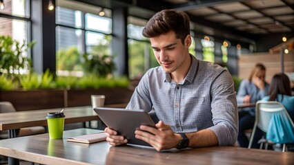 Young Man Using Tablet in Cafe.