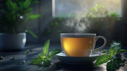 Soothing Organic Herbal Tea - Steaming Cup with Fresh Herbs 3D Rendered Illustration