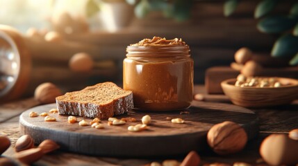 Delectable Organic Nut Butter Spread on Bread in Jar - 3D Illustration