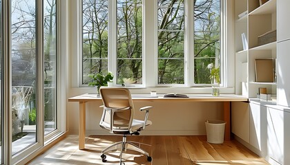 A bright, airy workspace with a minimalist desk, ergonomic chair, and large windows for plenty of natural light.