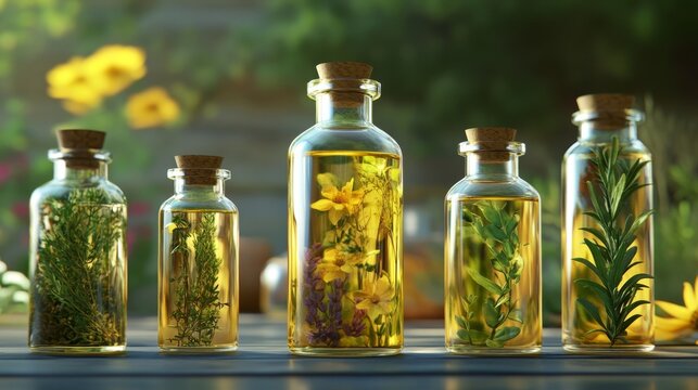 Botanical Elixir Collection - Organic Herb-Infused Oils in Bottles with Fresh Herbs, 3D Illustration