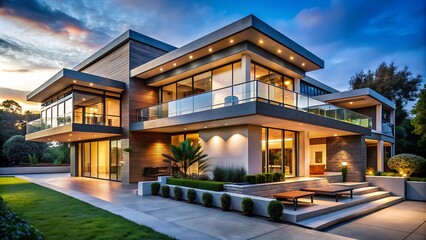 Obraz premium Modern House with a Backyard Patio at Dusk.
