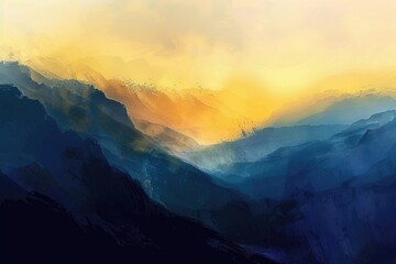 A digital painting of a serene mountain range during sunset