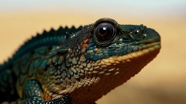 Caiman lizard rests on a branch, basking in sunlight with vibrant scales. Its skin shows intricate patterns in green, brown, and orange, found in tropical rainforests like the amazon