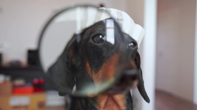 Elderly dachshund dog looks carefully through magnifying glass, age-related changes, visual impairment in pets, veterinary eye health Dog counterfeiter checks, controls quality of counterfeit money