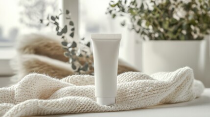 Blank white cosmetic tube in cozy interior