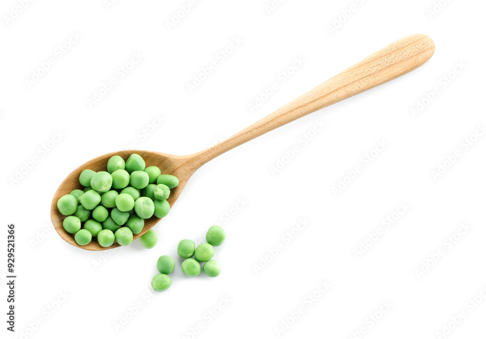 Wall mural Spoon with fresh green peas isolated on white, top view