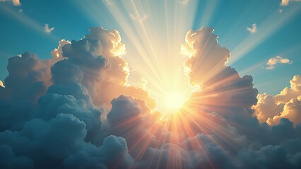 Majestic sky with divine light shining through the clouds, symbolizing faith and spirituality