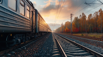 Obraz premium A train travels along railroad tracks at sunset, surrounded by autumn trees with golden leaves, under a vibrant sky.