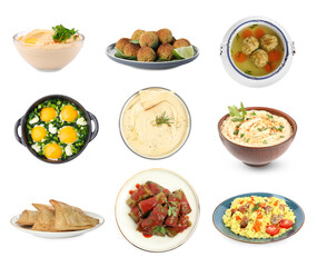 Hummus, samosas, falafel balls, sarma, matzo balls, shakshuka and pilaf on white background. Collection with dishes of different national traditional cuisines