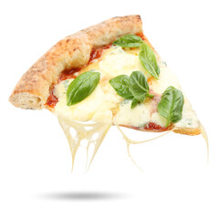 Slice of delicious pizza in air on white background