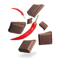 Pieces of chocolate and chili peppers in air on white background