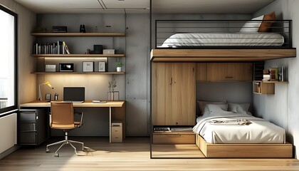 A micro-apartment bedroom with a loft bed, creating space for a compact home office underneath, featuring a minimalist desk, chair, and wall-mounted storage.