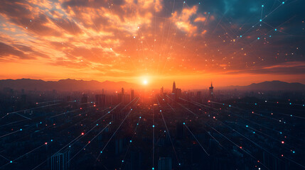 Sunset over technologically advanced city, with network of digital connections and nodes. Smart city
