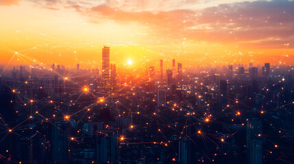 Sunset over technologically advanced city, with network of digital connections and nodes. Smart city