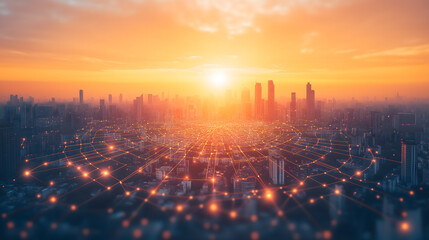 Sunset over technologically advanced city, with network of digital connections and nodes. Smart city