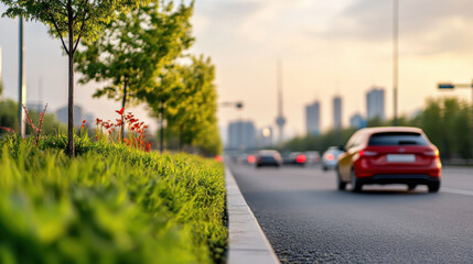 A city highway with cars driving during sunset, featuring lush green roadside plants and distant skyscrapers under a glowing sky.