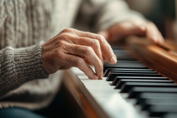 Fototapeta premium Close-up of elderly hands gracefully playing the piano, evoking a sense of nostalgia, skill, and the timeless beauty of music.