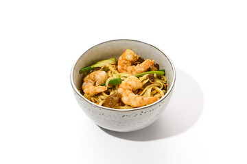 Chinese-Style Shrimp and Wood Ear Mushroom Udon Noodles in Ceramic Bowl on White Background