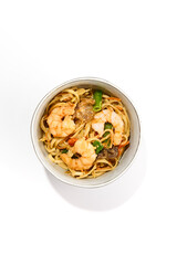 Creamy Shrimp Wok Noodles in a Bowl Isolated on White Background