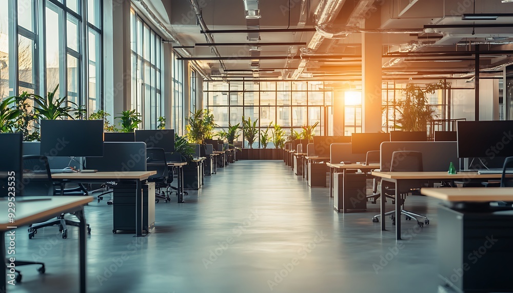 Aufkleber Empty Open-Plan Office with Rows of Desks and Soft Daylight, Vivid Style