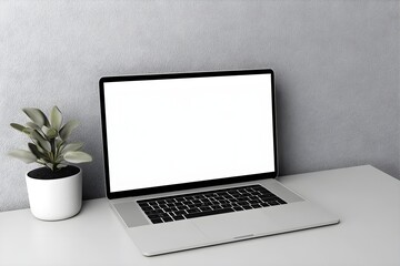 Fototapeta premium Laptop with blank screen display on white table. 3d render