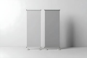 Blank gray roll-up banner display mockup on light background, isolated, 3d rendering