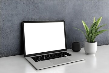 Fototapeta premium Laptop with blank screen display on white table. 3d render