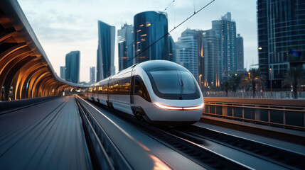 Fototapeta premium A sleek high-speed train moves along tracks through a modern urban area, surrounded by futuristic skyscrapers during the early evening.