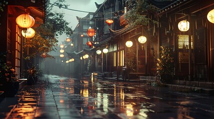 A serene, rainy street adorned with lanterns, reflecting a tranquil atmosphere.