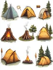 Camping Essentials: Tents, Firepits, and Forest Scenery