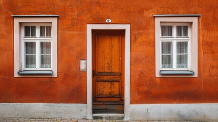 Orange Wall with White Windows and Wooden Door