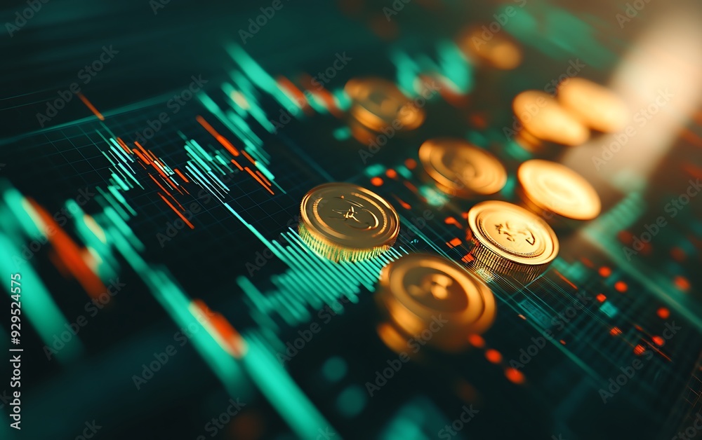 Aufkleber green candle chart with golden coins and dynamic financial data background