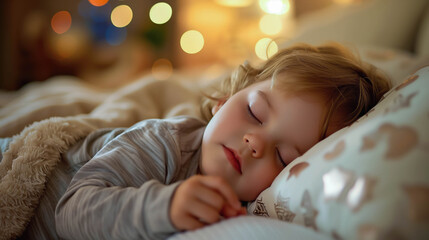 Child Sleeping Peacefully with Christmas Lights