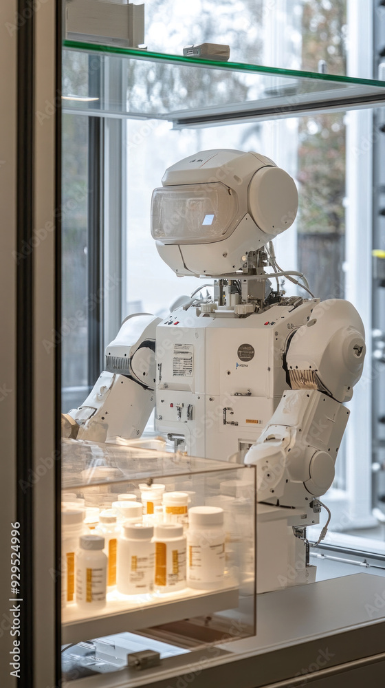 Poster a robot is standing in front of a glass case with bottles inside. the robot is white and has a robot
