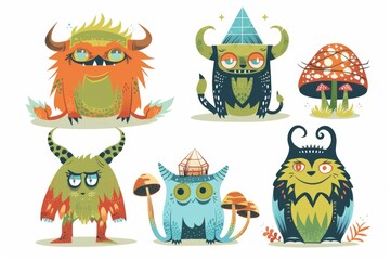 Naklejka premium A group of colorful cartoon monsters wearing hats and horns pose together