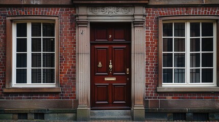 Obraz premium Ornate Doorway on Brick Building with Two Windows