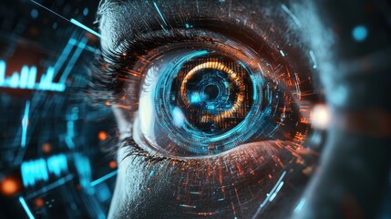 Futuristic Close-Up of a Human Eye with Digital Interface Elements and High-Tech Graphics
