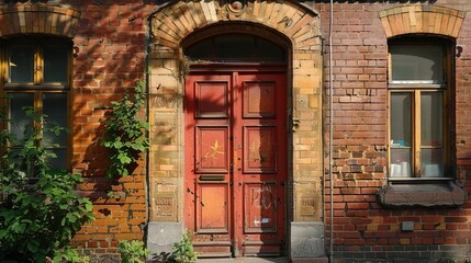 Old Red Doorway on a Brick Building