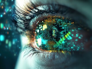 Close-up of a Futuristic Digital Eye with Reflections of Technology and Data