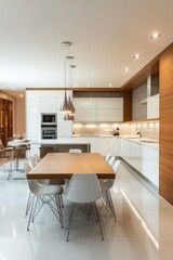 Fototapeta premium Modern Kitchen and Dining Area with Wooden Table