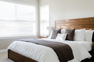 Fototapeta premium Minimalist Bedroom with Wooden Bed Frame and White Bedding