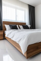Fototapeta premium Minimalist Bedroom with Wooden Bed Frame and White Bedding