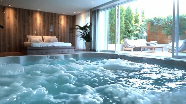 A soothing hot tub bubbles in a stylish room featuring a comfortable bed and inviting outdoor views, perfect for relaxation and tranquility.