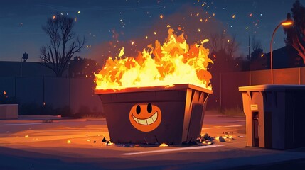 Cartoon Dumpster Fire with Smiling Face in Parking Lot