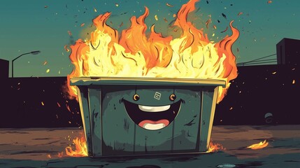 Cartoon Dumpster Fire with Smiling Face in Parking Lot